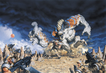 ammunition angry anthro armor backpack boots claws clothing cloud day detailed_background footwear group gun headgear helmet holding_gun holding_object holding_ranged_weapon holding_rifle holding_weapon horn machine male muscular muscular_male nude open_mouth outside planet ranged_weapon rifle running science_fiction sharp_teeth shoes shooting_gun size_difference teeth weapon paul_bonner vor:_the_maelstrom alien human mammal reptile scalie hi_res traditional_media_(artwork)