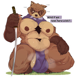 anthro balls big_balls big_bulge big_muscles big_pecs body_hair brown_body brown_fur bulge chest_hair clothed clothing dialogue eye_scar facial_markings facial_scar front_view fur genitals head_markings holding_katana holding_melee_weapon holding_object holding_sword holding_weapon huge_balls jockstrap jockstrap_only katana kneeling male manly markings mask_(marking) melee_weapon musclegut muscular muscular_male nipples pecs scar solo sword text topless underwear underwear_only weapon white_eyes ursso_(artist) epic_games fortnite hajime_(fortnite) canid canine mammal raccoon_dog tanuki english_text hi_res
