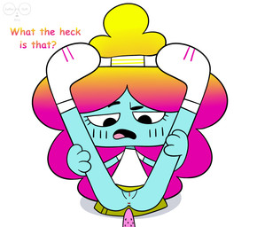 anus blue_body blue_skin blush blush_lines bottomless bottomless_female bottomless_humanoid bottomwear clothed clothing confusion dialogue dildo female female_humanoid footwear genitals hair hands_on_legs holding_object looking_down multicolored_hair no_underwear not_furry on_model open_mouth rainbow_hair raised_bottomwear raised_clothing raised_leg raised_skirt sex_toy shirt shoes simple_background skirt solo topwear vulva white_background white_clothing white_shirt white_topwear yellow_bottomwear yellow_clothing yellow_skirt saffersoft cartoon_network the_amazing_world_of_gumball rachel_wilson humanoid rainbow_lass 2024 hi_res