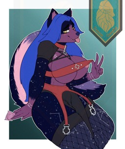 anthro assertive_female barely_visible_nipples big_breasts black_body black_fur blep blue_hair blush breasts clothing collar condom constellation_markings female fishnet_clothing fishnet_legwear fluffy fluffy_tail fur gesture gradient_background hair hand_gesture jewelry legwear long_tail looking_at_viewer multicolored_body multicolored_fur necklace nipples pupils purple_body purple_fur red_collar sexual_barrier_device simple_background solo tail thick_thighs tongue tongue_out unused_condom v_sign wide_hips wrapped_condom yellow_pupils goatykai canid canine fox mammal digital_drawing_(artwork) digital_media_(artwork) hi_res