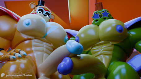 abs accessory anthro balls big_muscles big_pecs big_penis clothing duo erection eyewear genitals glans glasses green_body hat headgear headwear machine male male/male muscular muscular_anthro muscular_male nipples orange_body pecs penis codans five_nights_at_freddy's five_nights_at_freddy's:_security_breach scottgames steel_wool_studios glamrock_freddy montgomery_gator alligator alligatorid animatronic bear crocodilian mammal reptile robot scalie 16:9 3d_(artwork) digital_media_(artwork) hi_res widescreen