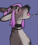 ambiguous_fluids anthro areola blush breasts deer facial_piercing female hair hair_bun horn lundi mammal nipples nose_piercing nose_ring open_mouth piercing pink_hair purple_background remi_(lundi) ring_piercing septum_piercing septum_ring simple_background solo tongue
