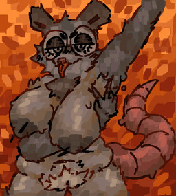 anthro armpit_fetish armpit_hair belly blush blush_lines bodily_fluids body_hair breast_squish breasts eyewear female fluffy front_view fur genitals gesture glasses grey_body grey_fur hand_gesture looking_at_viewer messy_fur muffin_top neck_tuft nipple_piercing nipples orange_background piercing pubes raised_arm simple_background solo spread_armpit squish sweat tail thick_thighs tongue tongue_drip tongue_out tuft v_sign vulva wearing_glasses scaliescum desamistesae_fafratarello_flumendo_styx american_opossum mammal marsupial virginia_opossum aliasing digital_media_(artwork) hi_res