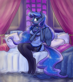 anthro anthrofied back_wings bed blue_body blue_eyes blue_fur blue_hair blue_nightgown blush breasts cleavage clothed clothing feathered_wings feathers female fetlocks fur furniture hair highlights_(coloring) hoof_hands hooves horn inside legwear long_hair moon_necklace nightgown on_bed open_mouth purple_highlights sitting solo sparkles sparkling_hair stockings thigh_highs unguligrade wings king-kakapo friendship_is_magic hasbro my_little_pony mythology princess_luna_(mlp) equid equine mammal mythological_creature mythological_equine winged_unicorn 2016