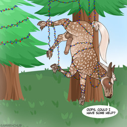animal_genitalia animal_penis balls bdsm blue_eyes blush bondage bound christmas_decorations christmas_lights christmas_tree dappled_fur dialogue entangled equine_genitalia equine_penis erection feathering feral fur genitals hair holidays hooves long_ears looking_at_viewer male mane multicolored_body penis plant solo string_light_bondage string_lights stuck suspension tail tangled_up text tree two_tone_body white_hair white_mane white_tail sammehchub christmas skugga_(skuggamul) draft_mule equid equine hybrid mammal mule 1:1 2022 digital_media_(artwork) english_text hi_res