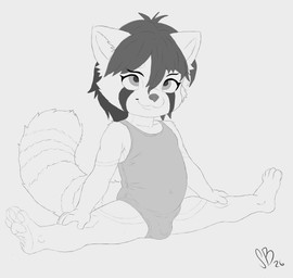 4_toes anthro athletic_wear black_hair bulge clothing contortionism feet femboy flexible fluffy fluffy_tail gymnastics hair leotard male pawpads paws shota solo splits spread_legs spreading stretching tail toes young young_anthro young_male smol_boye ailurid mammal red_panda absurd_res full-length_portrait hi_res monochrome portrait