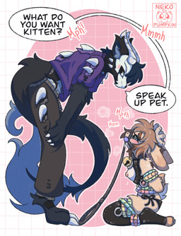 anthro antlers arms_tied ball_gag bdsm belly bent_over blush bodily_fluids bone bound boxers_(clothing) breasts clothed clothing collar dialogue drooling duo female gag gagged heart_eyes heart_symbol horn kneeling latex latex_clothing leash legs_tied legwear looking_at_another male male/female moan muffled_speech muzzle_(object) muzzled nipples panties petplay roleplay saliva size_difference skull skull_head speech_bubble spikes text thigh_highs torn_clothing underwear nekopumpkin mythology latte_(nekopumpkin) rayne_(nekopumpkin) dragon jackalope lagomorph mammal mythological_creature mythological_scalie scalie skulldragon english_text hi_res