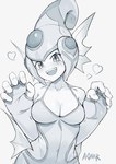 5_fingers big_hands breasts cleavage clothed clothing ear_fins female fin fingers gloves handwear happy heart_symbol looking_at_viewer not_furry open_mouth solo swimwear a0mo6_(artist) bandai_namco digimon digimon_frontier amphibian amphibian_humanoid animal_humanoid digimon_(species) frog_humanoid humanoid marine marine_humanoid ranamon greyscale hi_res monochrome