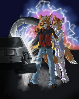 alternate_species anthro blue_eyes car dipstick_tail duo electricity female flower flying_car flying_vehicle furrification light lightning male markings parody plant science tail tail_markings vehicle willow141 back_to_the_future delorean marty_mcfly canid canine fox mammal