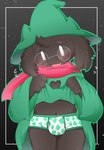 anthro blush bottomwear briefs bulge clothed clothing clothing_lift eyewear glasses hat headgear headwear looking_at_viewer male open_mouth print_briefs print_clothing print_underwear scarf skirt skirt_lift solo underwear young young_anthro young_male rio_(artist) deltarune undertale_(series) ralsei bovid caprine goat mammal hi_res