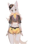 anthro belly beret bottomwear clothing female fur grey_eyes hair hat headgear headwear kemono looking_at_viewer midriff navel shirt shorts simple_background solo tail thick_thighs topwear uniform white_body white_fur white_hair wide_hips utterangle canid canine fox mammal absurd_res hi_res