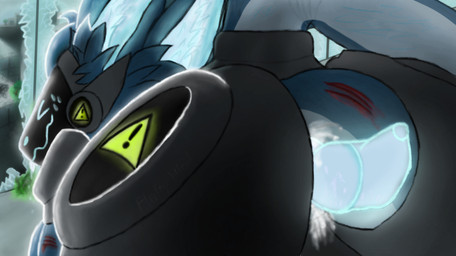anal anal_penetration anthro blood blue_body blue_eyes blue_fur blue_penis bodily_fluids broken_glass butt butt_focus city city_background city_destruction destruction duo female fur genital_fluids genitals glass glowing glowing_genitalia glowing_penis intersex intersex/male machine male male/female male/male penetration penis precum sex_toy solo wounded fluffy_hybrid protogen digital_media_(artwork)