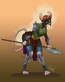 anthro armor armor_plates axe black_body black_fur bottomwear braided_hair braided_pigtails clothed clothing feet female fingers fur greaves green_eyes grey_body grey_fur hair handwear holding_melee_weapon holding_object holding_weapon looking_at_viewer melee_weapon padded_armor pauldron pigtails rat_tail red_hair shoulder_pads simple_background standing tail teeth topwear weapon quelico akna_(bahumot) mammal murid murine rat rodent 4:5 digital_media_(artwork)