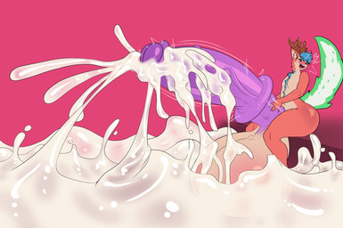 animal_genitalia animal_penis anthro antlers balls big_balls big_penis blue_hair bodily_fluids cum cum_everywhere cumshot curvy_figure ejaculation equine_genitalia equine_penis erection excessive_cum excessive_genital_fluids genital_fluids genitals green_tail hair horn huge_balls huge_penis hyper hyper_balls hyper_cum hyper_genitalia hyper_penis looking_at_viewer male medial_ring messy penis pink_background pink_body purple_penis simple_background sitting solo tail tan_body bloomz habbie hybrid 2026 absurd_res hi_res