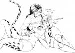 anthro armor belly_rub blush breasts cleavage clothed clothing dialogue duo female female/female hair hair_over_eye human_on_anthro interspecies looking_away navel one_eye_obstructed petting purring reclining simple_background smile spots text tsundere vambrace redfred dc_comics cheetah_(dc) wonder_woman cheetah felid feline human mammal black_and_white english_text hi_res monochrome