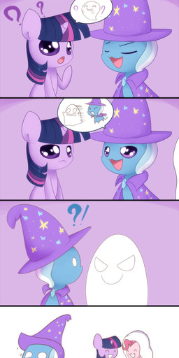 bodily_fluids cape chibi clothing crying exclamation_point female feral fur hair hat headgear headwear horn interrobang multicolored_hair purple_body purple_fur purple_hair question_mark tears two_tone_hair wizard_hat bukoya friendship_is_magic hasbro my_little_pony mythology pinkie_pie_(mlp) trixie_(mlp) twilight_sparkle_(mlp) earth_pony equid equine ghost horse mammal mythological_creature mythological_equine pony spirit unicorn comic hi_res