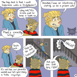 angry anthro barefoot black_clothing black_shirt black_topwear blonde_hair bottomwear climbing_stairs clothed clothing curly_hair dialogue door_slam duo feet five_frame_image fur hair hoodie logo male page_number pants pattern_clothing pattern_shirt pattern_topwear shirt smirking_at_another speech_bubble striped_clothing striped_shirt striped_topwear stripes text topwear yellow_body yellow_fur kriek_wildebeest boris_(kriek_wildebeest) jeremy_(kriek_wildebeest) border_collie canid canine canis collie domestic_dog herding_dog mammal pastoral_dog sheepdog 1:1 artist_logo comic english_text hi_res multiple_scenes