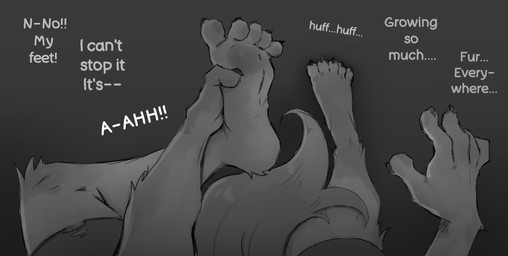 anthro claws dialogue feet female first_person_view foot_focus foot_grab foot_transformation fur fur_growth growth implied_transformation mid_transformation pawpads paws soles solo species_transformation standing tail text toes transformation okamitfs mythology hope_(okamitfs) canid canine mammal mythological_canine mythological_creature werecanid werecanine werecreature werewolf english_text greyscale hi_res monochrome