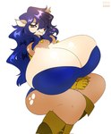 anthro big_breasts black_nose blue_clothing blue_hair blue_topwear breasts brown_body brown_eyes brown_fur buckteeth clothed clothing ear_piercing ear_ring female fur gloves hair handwear huge_breasts huge_hips hyper hyper_breasts long_hair looking_at_viewer mouth_closed piercing ring_piercing solo spotted_arms spotted_legs tan_body tan_fur teeth thick_thighs topwear wide_hips yellow_clothing yellow_gloves yellow_handwear norakaru deer mammal hi_res