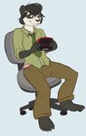 anthro blue_background bottomwear chair clothed clothing diaper diaper_peekage diaper_under_clothing eyewear fur furniture gaming glasses grey_body grey_fur male necktie pants playing playing_video_game shirt simple_background sitting smile solo topwear wearing_diaper white_body white_fur terribad 2ds bear giant_panda mammal