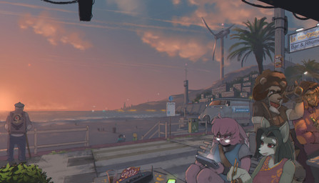 alcohol anthro beach beverage bottle chopsticks clothed clothing container detailed_background drinking elderly electronics furniture group landscape lighthouse medium_truck outside pole road sand sea seaside sitting sky slice_of_life standing sunset table tablet tablet_computer text truck van vehicle walking_stick water wind_turbine jassbefrold canid canine felid mammal 2016 english_text french_text hi_res translated