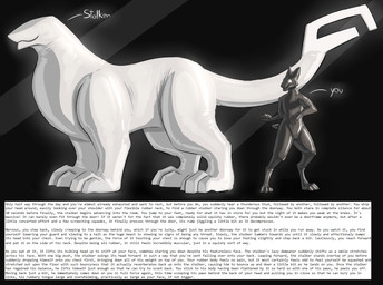 after_transformation alternate_species ambiguous/ambiguous ambiguous_gender anthro bestiality black_body caption confusion digitigrade duo eyeless featureless_face feral information_label latex latex_transformation transformation white_body malevolified animate_inanimate latex_creature living_latex monster hi_res story