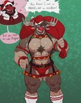 annoyed anthro antlers beard bell belt blush body_hair bottomwear brown_body bulge chest_hair christmas_clothing christmas_headwear clothed clothing collar dialogue duo ear_piercing facial_hair fur gloves handwear hat headgear headwear holidays horn jingle_bell male muscular muscular_anthro muscular_male nipples pecs piercing red_nose santa_hat skimpy speech_bubble suspenders text white_clothing white_gloves white_handwear chesschirebacon christmas mythology jugger_(character) ralph_(chesschirebacon) deer dragon mammal moose mythological_creature mythological_scalie new_world_deer scalie 2020 english_text hi_res