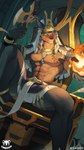 anthro areola athletic athletic_anthro athletic_male black_body black_fur clothing egyptian egyptian_clothing fur heterochromia looking_at_viewer magic male nipples scar sitting solo tattoo xxxiangout weibo canid mammal absurd_res hi_res
