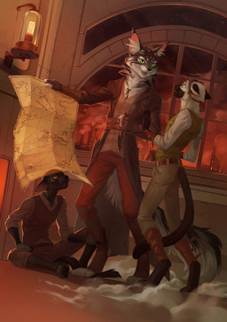 4_toes 5_fingers anthro barefoot blue_eyes clothed clothing detailed_background feet fingers green_eyes group inside male map night open_mouth smile teeth toes tongue window yellow_eyes orphen-sirius domestic_cat felid feline felis mammal 2018 digital_media_(artwork) hi_res