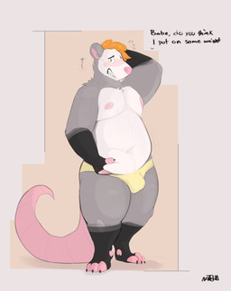 anthro belly blush bulge clothing dialogue male moobs nipples overweight overweight_male shy solo standing text underwear chromawolf american_opossum mammal marsupial 2025 english_text hi_res