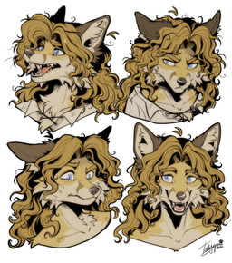 angry anthro blonde_hair blue_eyes clothing confusion curly_hair expressions grey_clothing grey_shirt grey_topwear hair happy male male_anthro shirt solo topwear whiskers yellow_body tatujapa edgar_vladilisitsa canid canine fox mammal absurd_res hi_res