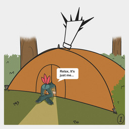 anthro border butt crossed_legs detailed_background dialogue exclamation_point female fur fur_markings genitals grass markings page_number plant presenting presenting_hindquarters solo talking_to_another tent text text_box tree vulva white_border itsnotimportant78 nintendo pokemon generation_2_pokemon pokemon_(species) sneasel 1:1 hi_res