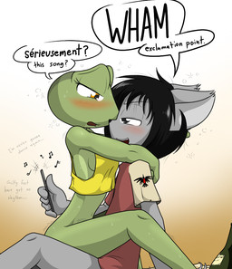 alcohol anthro beverage big_breasts black_hair blush bodily_fluids bottomless bottomless_anthro bottomless_female bottomless_male breasts clothed clothing crop_top dialogue drunk duo electronics eyelashes female fingers fur green_body green_skin grey_body grey_fur hair hug looking_at_another male male/female multicolored_body multicolored_skin music musical_note musical_symbol on_lap phone portable_music_player shirt side_boob simple_background simple_eyes sitting sitting_on_lap smile substance_intoxication sweat symbol teeth text thick_thighs topwear wide_hips yellow_eyes sandwich-anomaly amelia_(sandwich-anomaly) van_(sandwich-anomaly) amphibian domestic_cat felid feline felis frog mammal 2017 digital_media_(artwork) english_text french_text translated