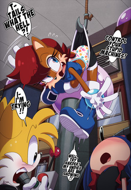 anthro assisted_exposure bottomwear bottomwear_pull childish_panties childish_underwear clothing clothing_pull colored_edge_panties colored_edge_underwear embarrassed female group hook male panties print_clothing print_panties print_underwear shorts shorts_pull text underwear wardrobe_malfunction euf-dreamer sega sonic_the_hedgehog_(series) miles_prower sally_acorn sonic_the_hedgehog canid canine chipmunk eulipotyphlan fox ground_squirrel hedgehog mammal rodent sciurid english_text hi_res