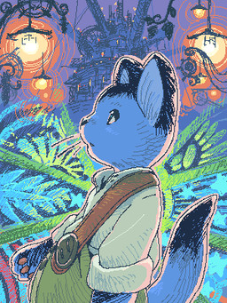 anthro backlighting bag blue_body blue_fur clothed clothing detailed_background dipstick_tail fur kemono lamp lantern light male markings multicolored_tail raised_tail rolled_up_sleeves shoulder_bag side_view solo tail tail_markings young young_anthro young_male tatotake_mono night_on_the_galactic_railroad giovanni_(notgr) domestic_cat felid feline felis mammal 3:4 aliasing digital_media_(artwork) lighting low_res oekaki