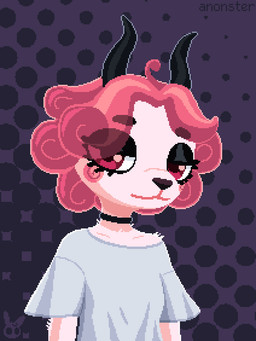 anthro biped black_choker black_eyelids black_horn black_jewelry black_necklace blush brown_nose choker clothing curly_hair eye_through_hair eyebrow_through_hair eyebrows eyelashes eyelashes_through_hair eyeshadow female fur grey_clothing grey_shirt grey_topwear hair halftone_background head_tilt horn jewelry lidded_eyes logo makeup necklace oversized_clothing oversized_shirt oversized_topwear pattern_background pink_body pink_cheeks pink_eyes pink_fur pink_hair purple_background shirt simple_background slight_smile solo spiral t-shirt topwear translucent translucent_hair anonster bovid caprine mammal sheep digital_media_(artwork) halftone pixel_(artwork) watermark
