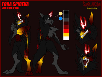 anthro asymmetrical_body border claws color_swatch fluffy glowing glowing_claws glowing_horn gradient_fur horn male red_border sharp_teeth teeth alteredkrimson mythology tora_spireva_(alteredkrimson) canid canid_demon canine demon hellhound mammal mythological_canine mythological_creature t'voal_(alteredkrimson) 4:3 absurd_res hi_res model_sheet