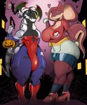 anthro big_breasts big_bulge breasts bulge clothed clothing cosplay costume crossover_cosplay duo gynomorph heart_symbol holidays huge_breasts huge_bulge intersex interspecies male pokephilia pose purple_body purple_skin suit thick_thighs exzamiel halloween nintendo pokemon io_(sparkwelkin) generation_5_pokemon humanoid pokemon_(species) reptile scalie scolipede snake crossover hi_res