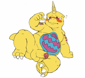 anthro balls belly belly_markings blush claws erection foreskin genitals horn humanoid_genitalia humanoid_penis male markings moobs overweight penis solo yellow_body reddo12340 bandai_namco digimon digimon_(species) gabumon scalie hi_res