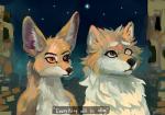 ambiguous_gender anthro duo eye_of_horus heterochromia looking_up night star symbol_in_eye text geckozen alaskan_malamute canid canine canis domestic_dog fennec_fox fox mammal nordic_sled_dog spitz true_fox wolf