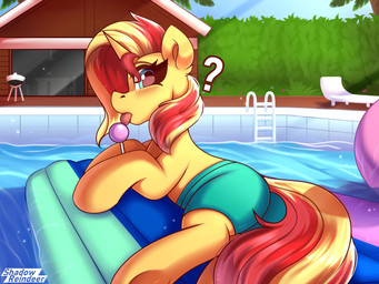 blonde_hair blue_eyes blush candy clothing dessert female food hair holding_candy holding_food holding_lollipop holding_object horn lollipop looking_at_viewer pool_float question_mark red_hair solo swimming_pool swimwear water shadowreindeer equestria_girls hasbro my_little_pony mythology sunset_shimmer_(eg) equid equine mammal mythological_creature mythological_equine unicorn 4:3 hi_res