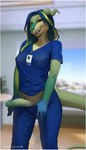 2022 anthro artist_name bedroom_eyes big_penis blue_bottomwear blue_clothing blue_topwear blurred_background bodily_fluids border bottomwear bottomwear_down breasts clothed clothing dragon dripping erection fangs flashing_penis futa_nurse genital_fluids genitals gloves green_arms green_hair green_penis green_tail gynomorph hair handwear happy highlights_(coloring) horn intersex inviting joyce_(totesfleisch8) long_hair looking_at_viewer medical medical_gloves mythological_creature mythological_scalie mythology narrowed_eyes naughty_face nurse pants pants_down partially_clothed penis precum precum_drip reptile scalie scrubs seductive shirt smile solo tail teeth topwear totesfleisch8 undressing vein veiny_penis white_border