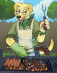 anthro apron barbecue_fork beef chef clothing cooking cooking_tongs cutlery eyewear fire food fork glasses grill handwear hot_dog kebab kerchief kitchen_utensils licking licking_lips licking_own_lips male meat oven_mitts self_lick smoke solo steak tail tongs tongue tongue_out tools amara_telgemeier rakiel canid canine canis domestic_dog mammal