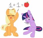 apple blonde_hair clothing duo female feral food fruit fur hair hat headgear headwear horn math multicolored_hair plant purple_body purple_eyes purple_fur simple_background text two_tone_hair white_background elslowmo friendship_is_magic hasbro my_little_pony mythology applejack_(mlp) twilight_sparkle_(mlp) earth_pony equid equine horse mammal mythological_creature mythological_equine pony unicorn absurd_res english_text hi_res