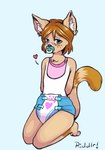 ageplay anthro blue_background blue_diaper blue_eyes brown_hair clothed clothing diaper female fur glistening glistening_eyes hair hands_behind_back heart_symbol infantilism inner_ear_fluff kneeling pacifier roleplay simple_background solo tan_body tan_fur tuft wearing_diaper white_body white_diaper white_fur white_inner_ear_fluff riddlr felid mammal hi_res signature