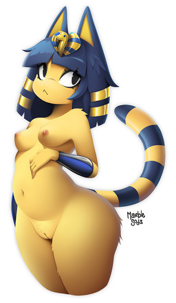 anthro arched_back areola bangs belly big_butt blue_hair breasts butt female fur genitals hair innie_vulva legs_together noseless nude nude_female pose shortstack simple_background small_breasts small_waist solo tail thick_thighs three-quarter_view uraeus vulva wide_hips yellow_body yellow_fur marblesoda animal_crossing nintendo ankha_(animal_crossing) domestic_cat felid feline felis mammal hi_res pinup