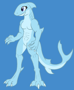 3_toes 4_fingers anthro biped blue_background blue_body breasts countershading eyelashes featureless_breasts featureless_crotch feet female fingers no_eyebrows no_navel non-mammal_breasts nude nude_anthro nude_female pose simple_background smile soft_abs solo tail teeth three-quarter_view toes wydzard fish marine shark 2017 blue_theme digital_drawing_(artwork) digital_media_(artwork) full-length_portrait hi_res portrait