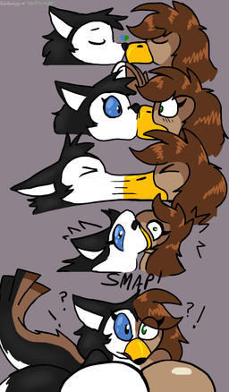 anthro beak big_breasts big_butt black_hair black_nose blue_eyes breasts brown_body brown_hair butt conjoined exclamation_point eyebrows feathers female fur green_eyes grey_background hair heart_symbol heterochromia huge_breasts merging multicolored_body multicolored_fur orange_beak question_mark simple_background tail tail_feathers white_body white_fur brandonbradinski pilot129 luka_loginska pilot_(pilot129) accipitriform avian bird canid canine canis domestic_dog husky mammal nordic_sled_dog spitz 2023