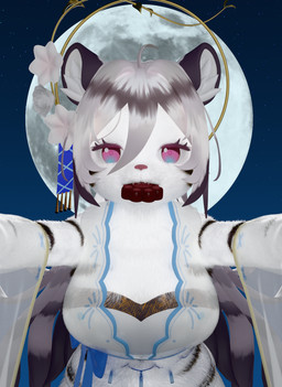 anthro black_stripes dominant dominant_female female female_anthro food food_in_mouth front_view full_moon fur hair moon mooncake solo stripes white_body white_fur white_hair madam_qin mahjong_soul mid-autumn_festival hannah_(mahjong_soul) felid mammal pantherine tiger 3d_(artwork) digital_media_(artwork) hi_res