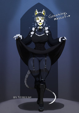 anthro clothing collar dress_up female genitals heart_eyes heart_symbol legwear lingerie maid_hat maid_uniform nipple_outline nipples presenting presenting_vulva solo standing stockings uniform vulva verelin felid feline malo mammal 2026 absurd_res hi_res